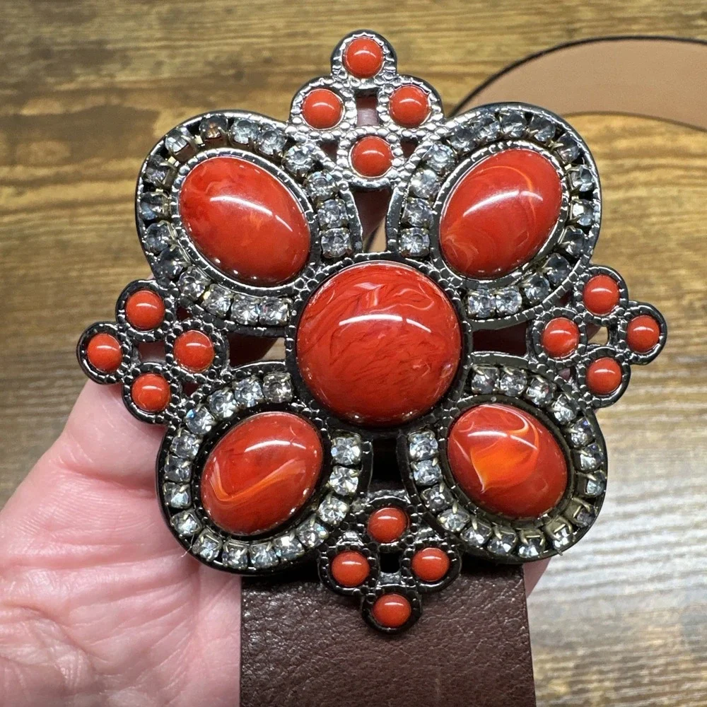 Harold's Leather Belt Brown ‎ MADE IN ITALY Red Rhinestones Medium Boho Western